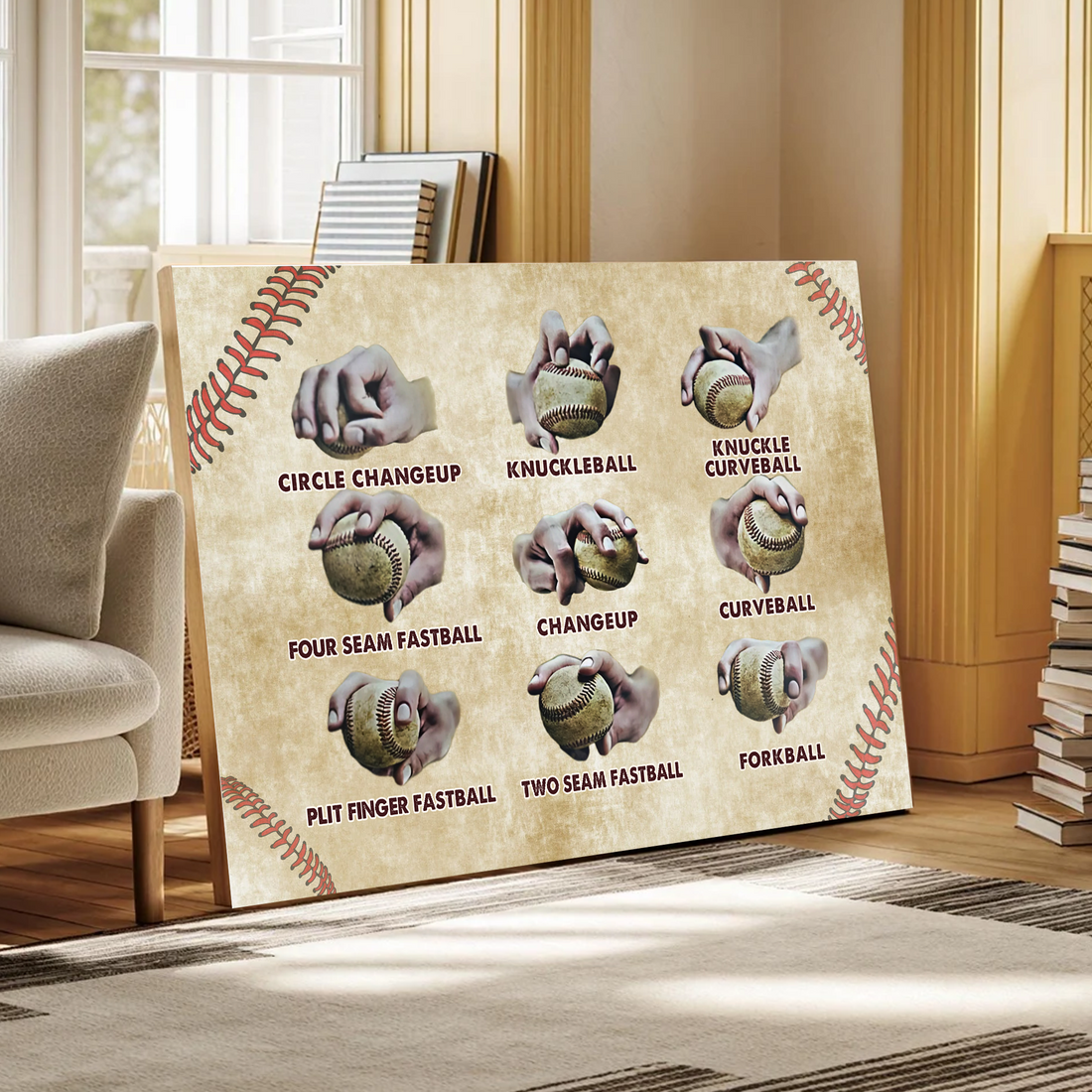 Baseball Pitching Grips Retro Wrapped Canvas, Framed Canvas