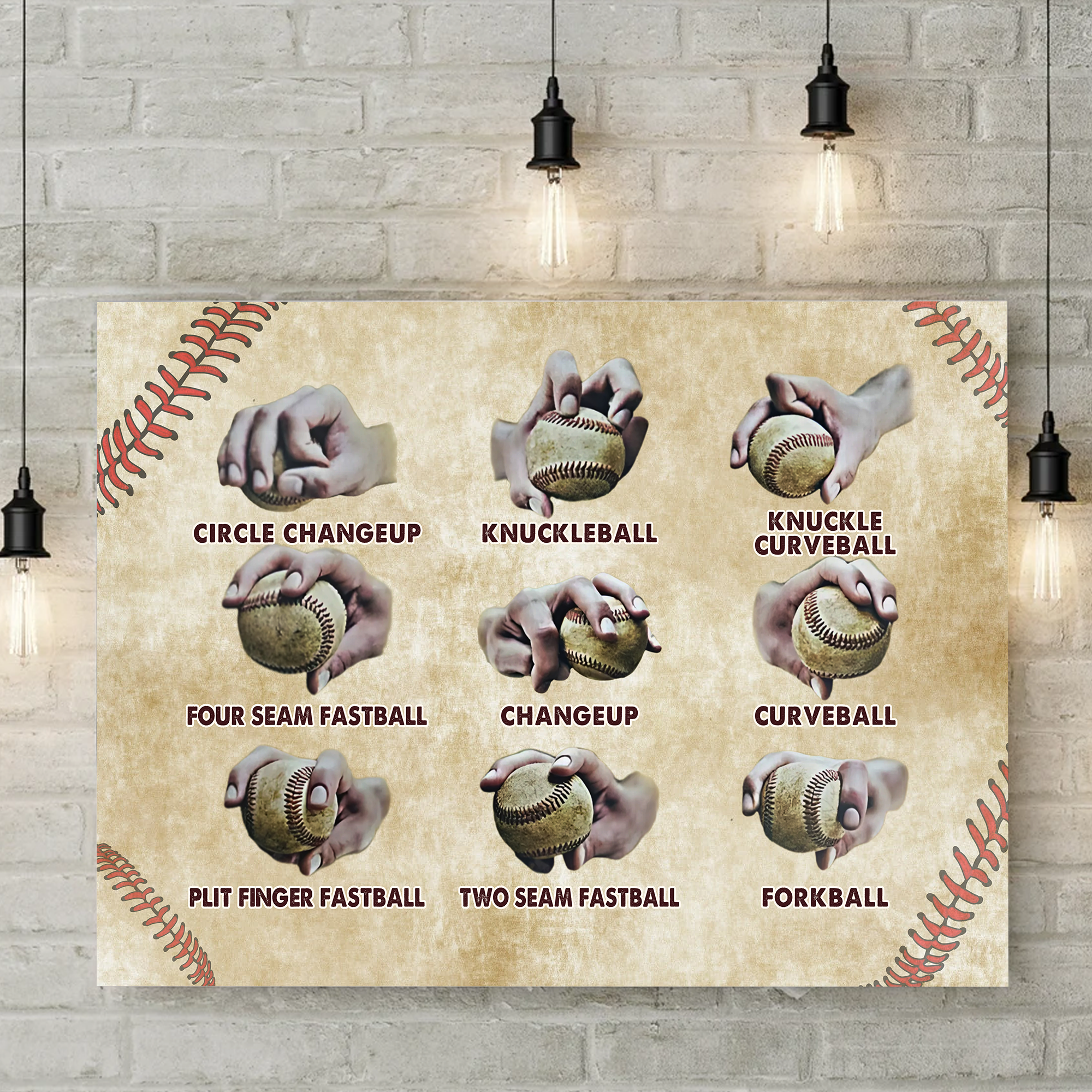 Baseball Pitching Grips Retro Wrapped Canvas, Framed Canvas