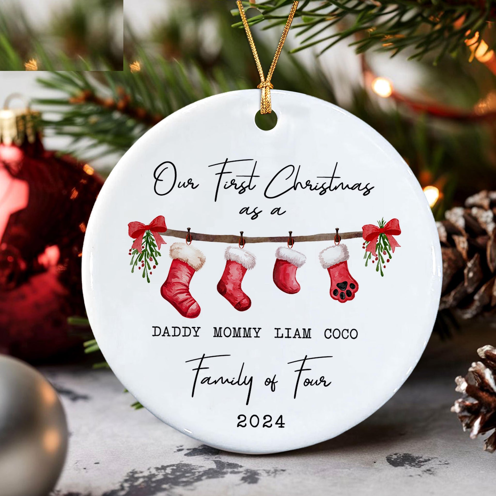 Personalized First Christmas As A Family Of Four Ornament, Family Of 4, Baby's First Christmas Ornament, Family With Baby And Pet Ornament