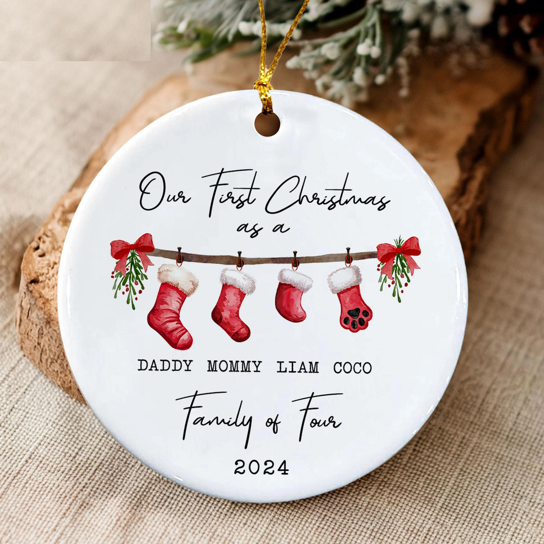 Personalized First Christmas As A Family Of Four Ornament, Family Of 4, Baby's First Christmas Ornament, Family With Baby And Pet Ornament