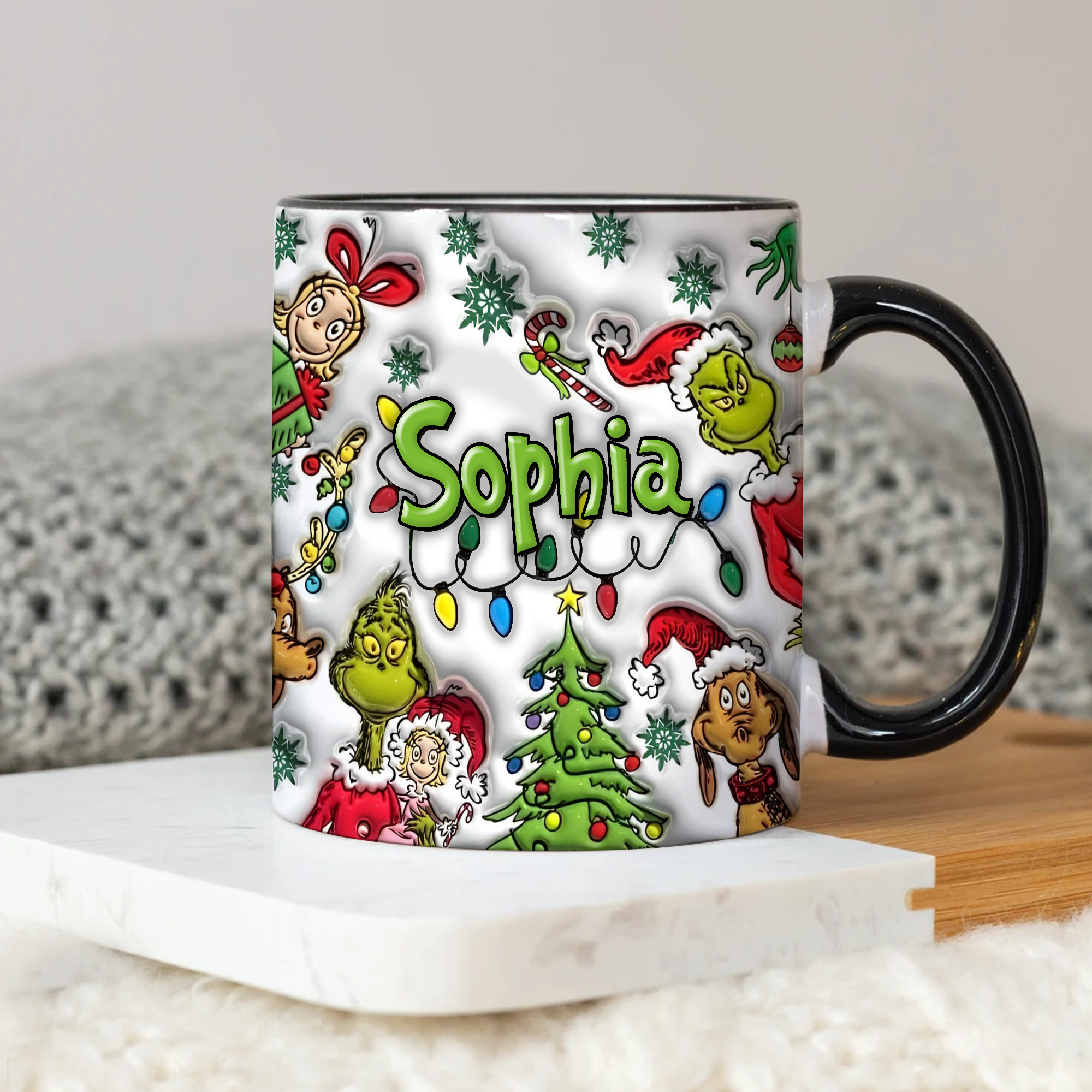 Personalized Green Monster Family Accent Mug, Inflated Whoville Mug, Funny Merry Grinchmas Mug, Grinchy Squad Two Tone Coffee Cup