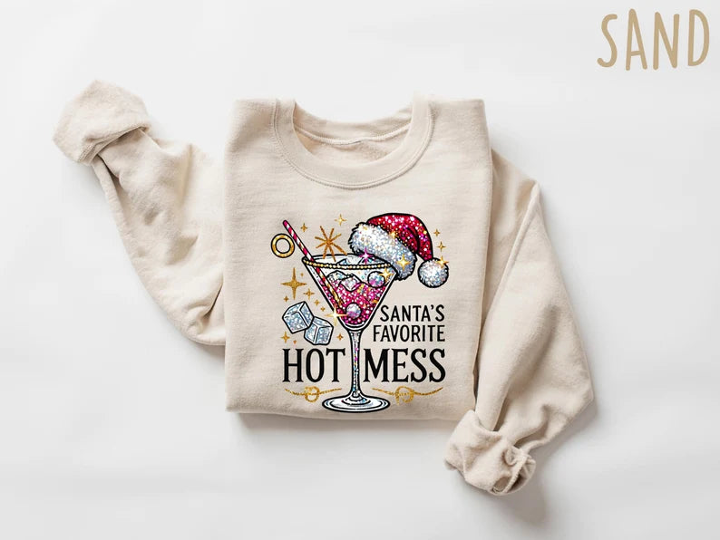 Santa's Hot Mess Sweater, Christmas Martini Hoodie, Christmas Drink Sweatshirt, Christmas Party Sweatshirt, Drink Sweater For Women