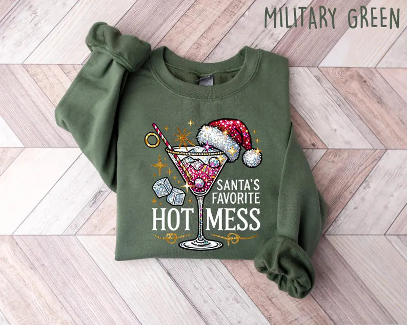 Santa's Hot Mess Sweater, Christmas Martini Hoodie, Christmas Drink Sweatshirt, Christmas Party Sweatshirt, Drink Sweater For Women