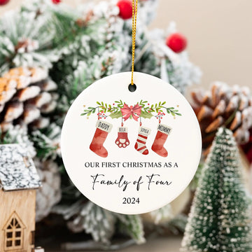 Personalized First Christmas As A Family Of Four Ornament, Family Of 4, Baby's First Christmas Ornament, Family With Baby And Pet Ornament