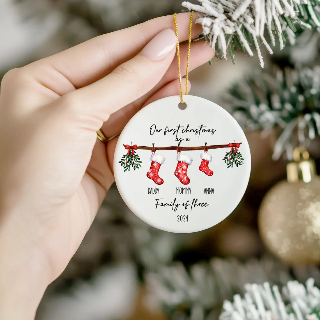 Personalized First Christmas As A Family Of Three Four Ornament, Custom Baby's First Christmas Ornament, Family With Baby And Pet Ornament