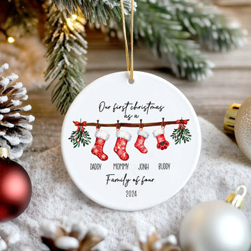 Personalized First Christmas As A Family Of Three Four Ornament, Custom Baby's First Christmas Ornament, Family With Baby And Pet Ornament